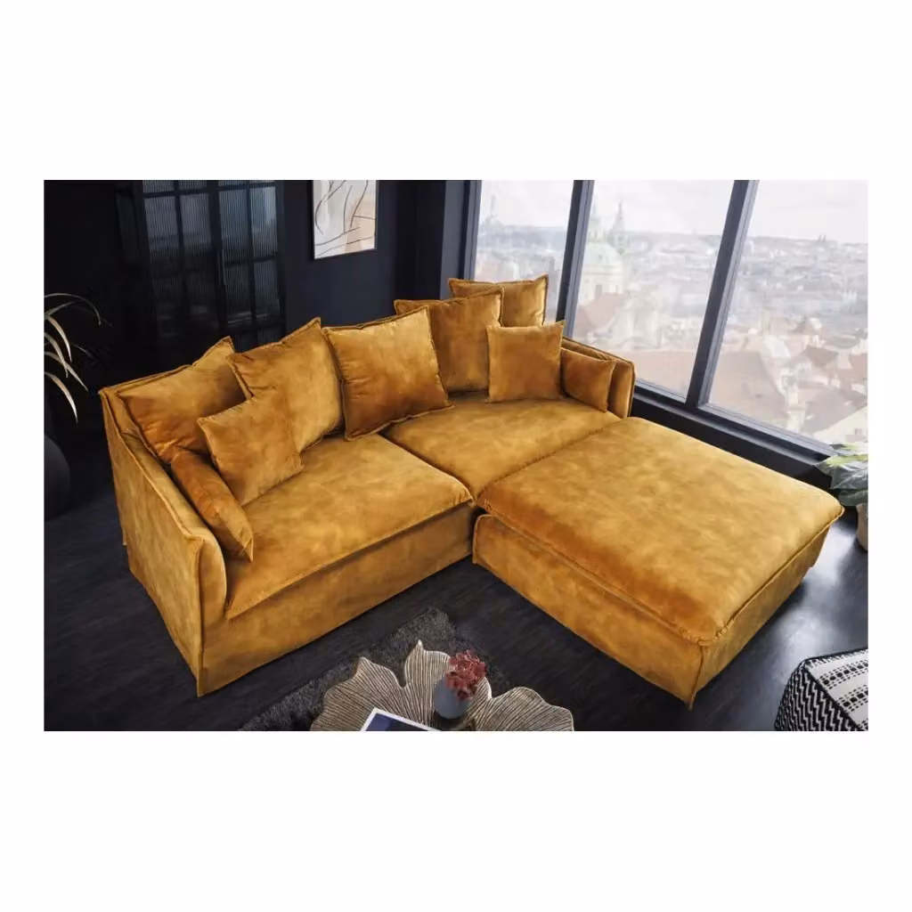 Divano ad angolo Meublorama KALIA in velluto giallo, modello moderno con angolo reversibile e cuscini inclusi – 2