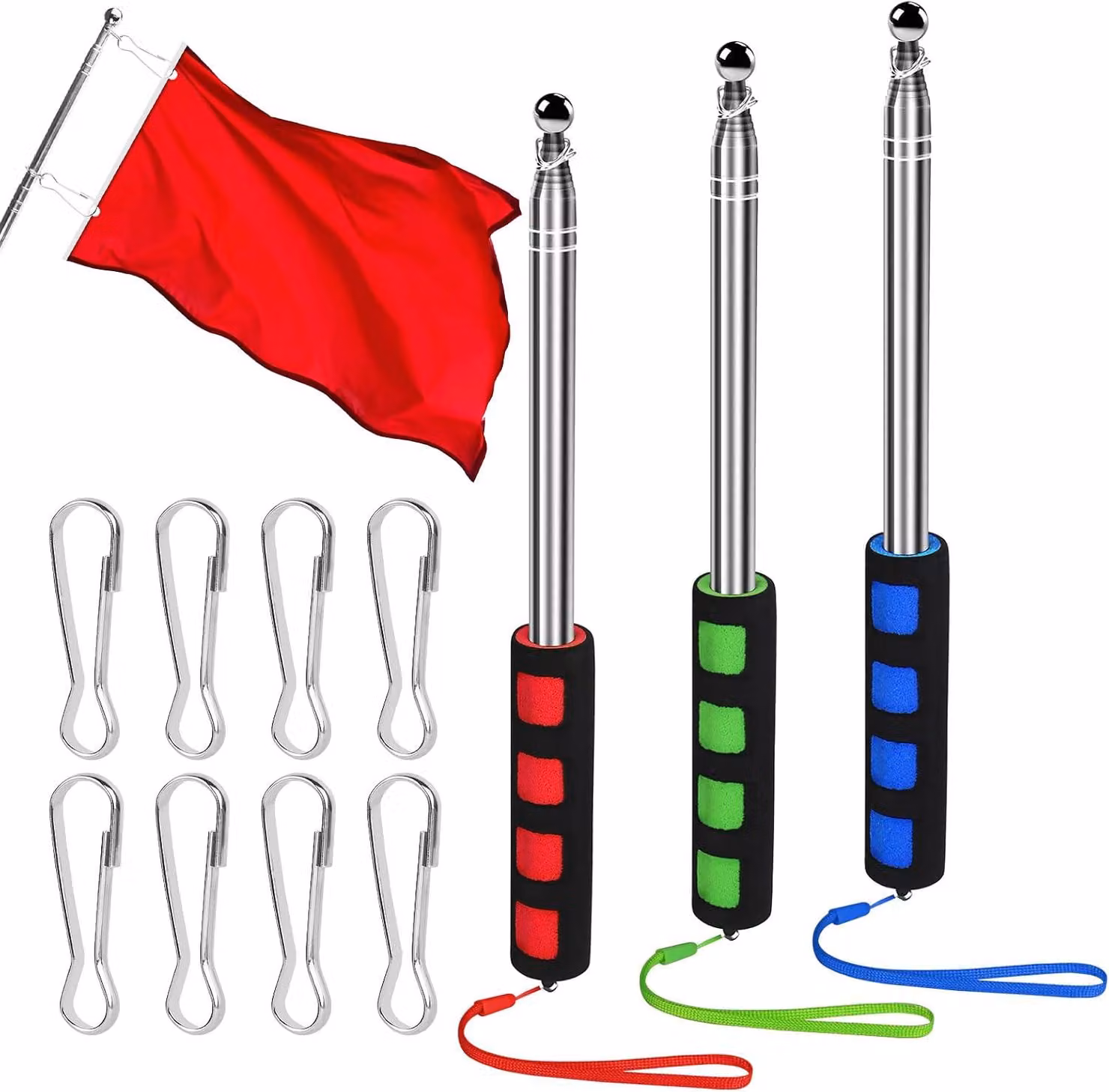 Albero telescopico per bandiere, 2 metri, 3 colori, 8 clip, ideale per viaggi