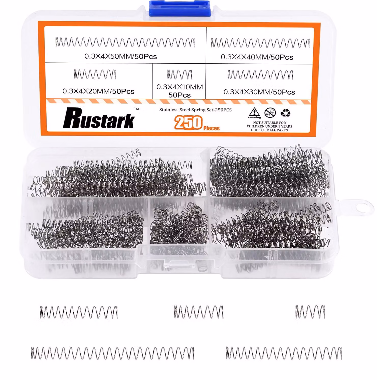 Set di 250 molle a compressione, acciaio inossidabile, diametro esterno di 4 mm, disponibili in 5 dimensioni: 10-50 mm