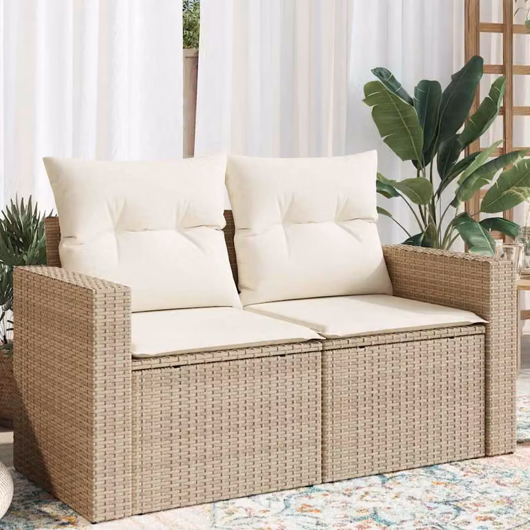 vidaXL Divano da Giardino a 2 Posti in Polyrattan Beige con Cuscini e Coperture Rimovibili