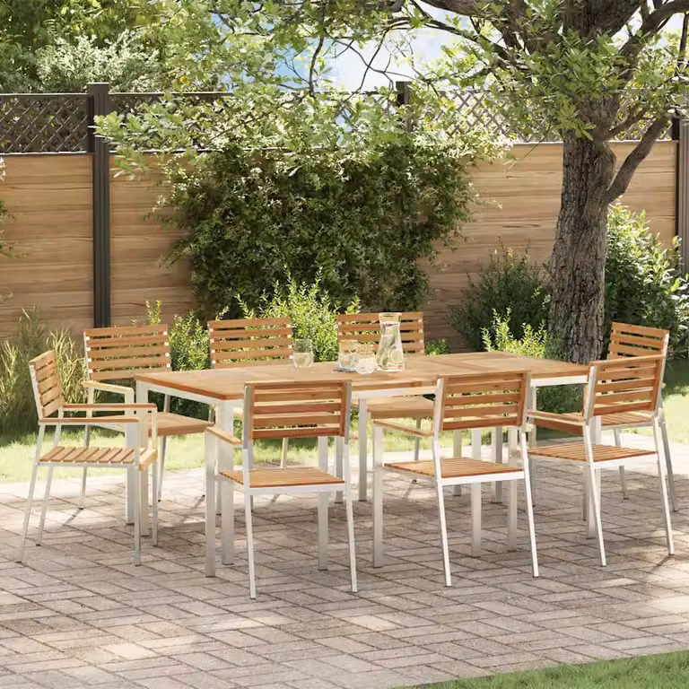 Set da pranzo per giardino e terrazzo vidaXL in legno di teak e acciaio inossidabile marrone, 9 pezzi