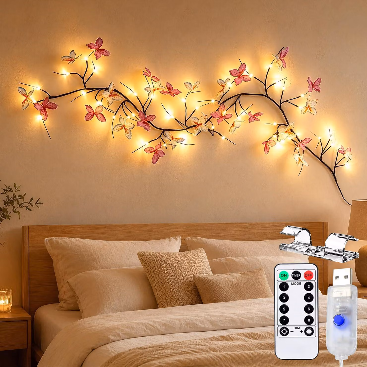 Catena luminosa con 96 LED, lunghezza 1,8 metri, decorazione a forma di farfalle, con telecomando