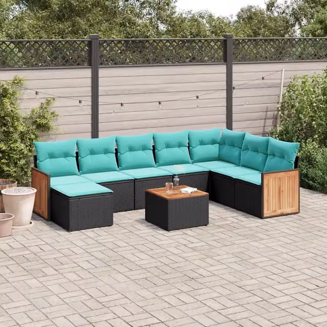Set Divani da Giardino 9 pz con Cuscini Nero in Polyrattan 3227933