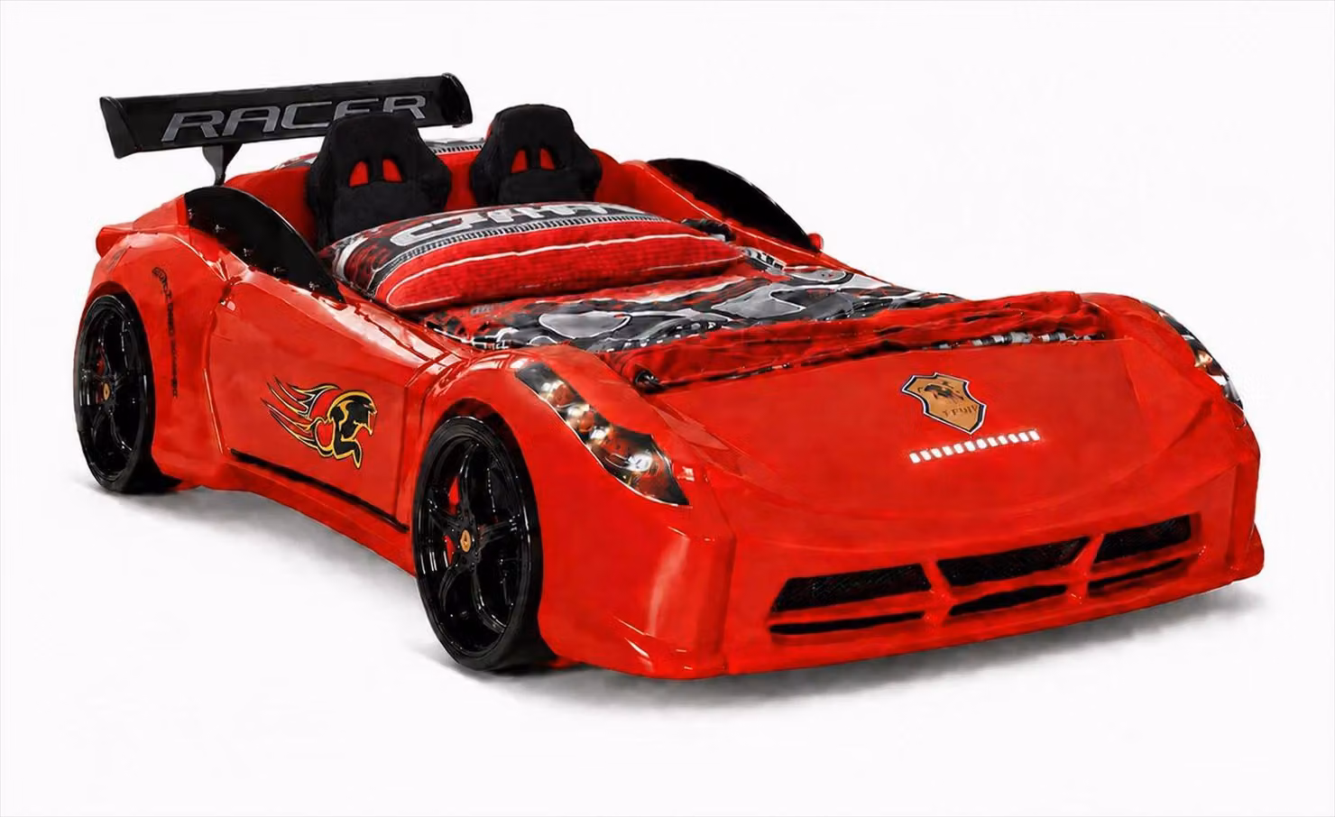 Letto a forma di auto da corsa, rosso, per bambini, con luci a tema auto sportiva