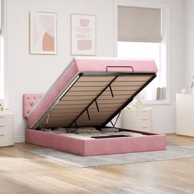 Struttura Letto Pouf con Materasso Rosa 140x190 cm in Velluto 3311848