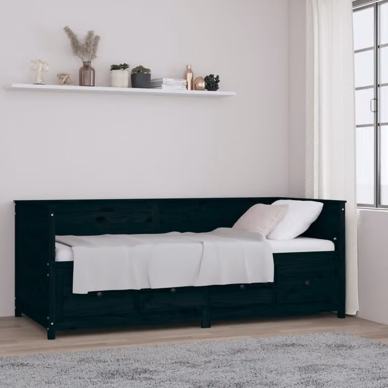 The Living Store Letto da giorno nero 90x200 cm in legno di pino massiccio