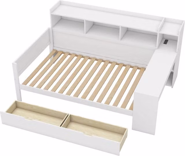 Letto Daybed 90x200 cm con scrivania, 2 cassetti, prese USB e vano notte in truciolato bianco