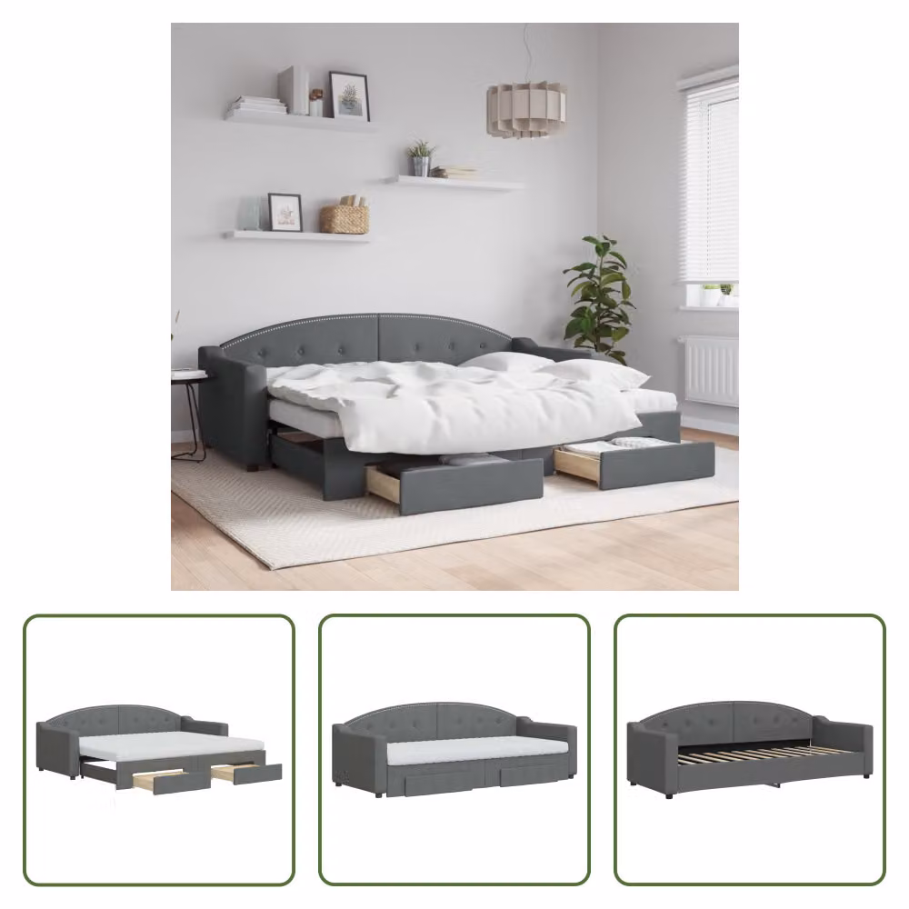 The Living Store Letto da giorno allungabile con cassetti grigio scuro 80x200 cm tessuto
