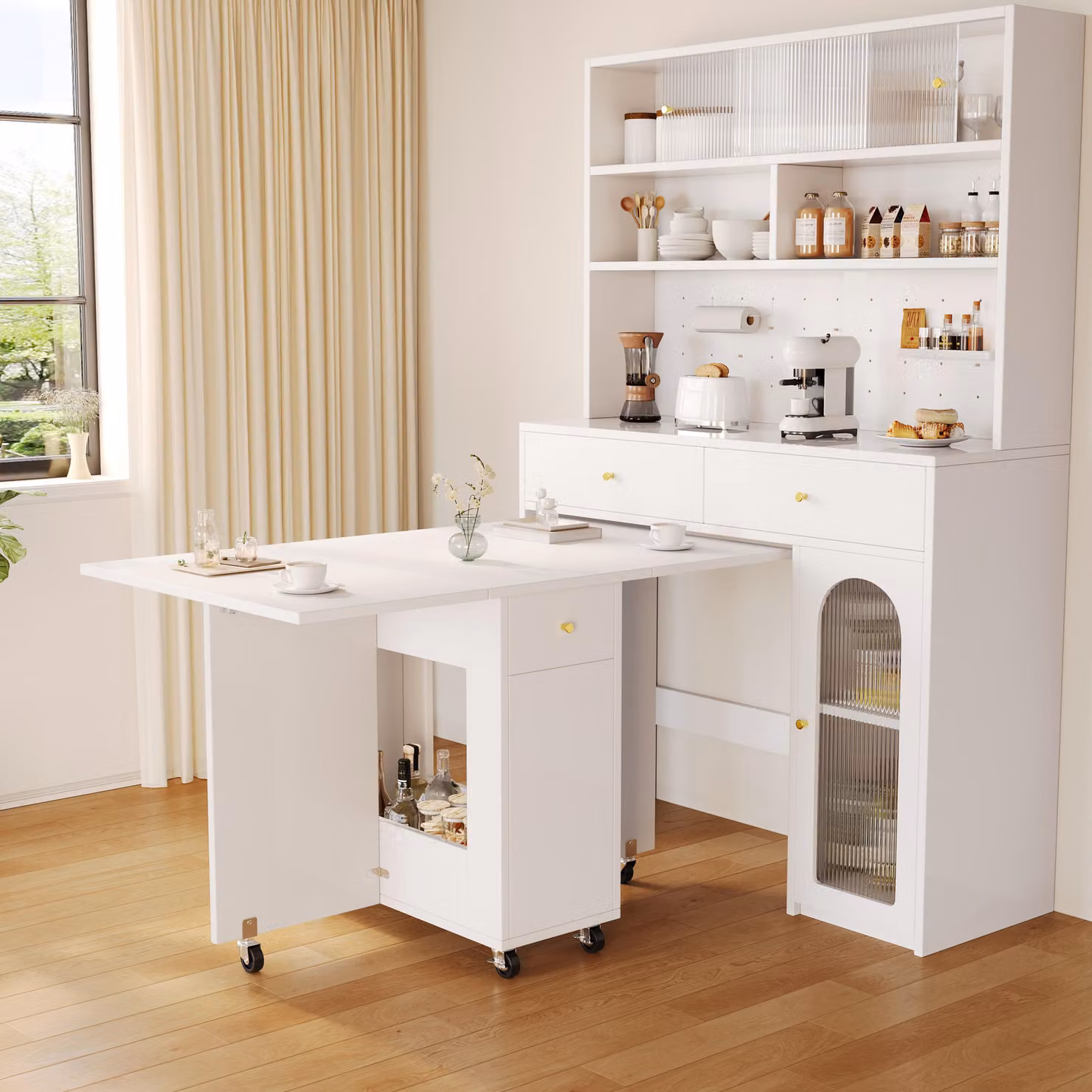 okwish Tavolo da pranzo, tavolo da cucina pieghevole, salvaspazio, tavolo pieghevole con spazio contenitivo su ruote e cassetti, per cucina e sala da pranzo, bianco
