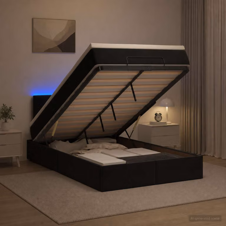 Letto Ottomano vidaXL in Velluto Nero con Materasso Ibrido, Illuminazione LED e Porte USB, L/P: 120 x 200 cm