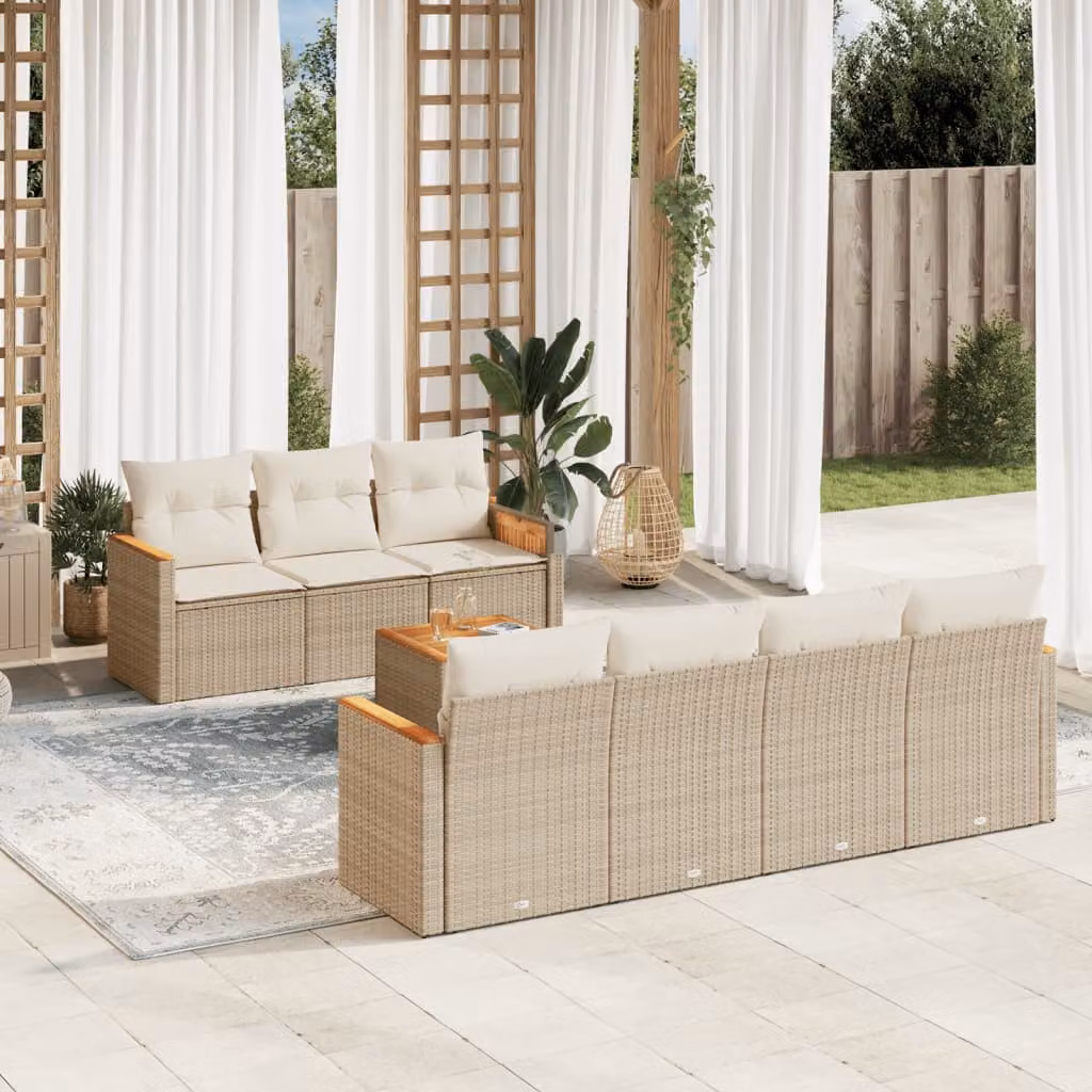 vidaXL Set Divano da Giardino 8 pz a L con Cuscini Beige e Tavolino in Polyrattan e Metallo – 1