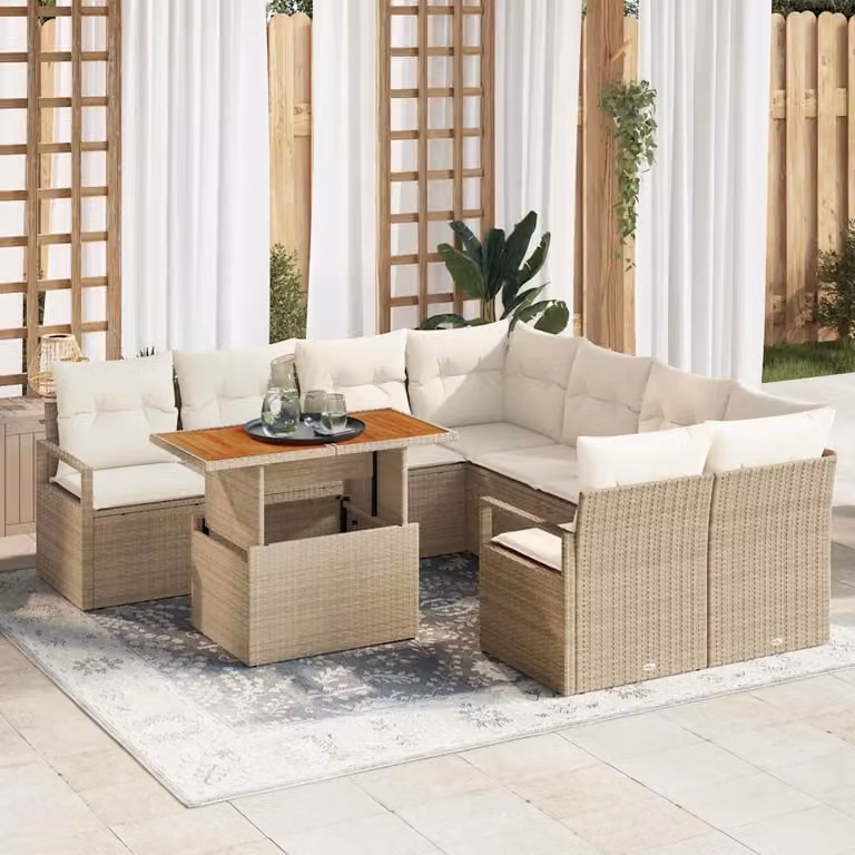 vidaXL Set Divano da Giardino 9 Pezzi con Cuscini Beige e Bianco in Acciaio Verniciato a Polvere
