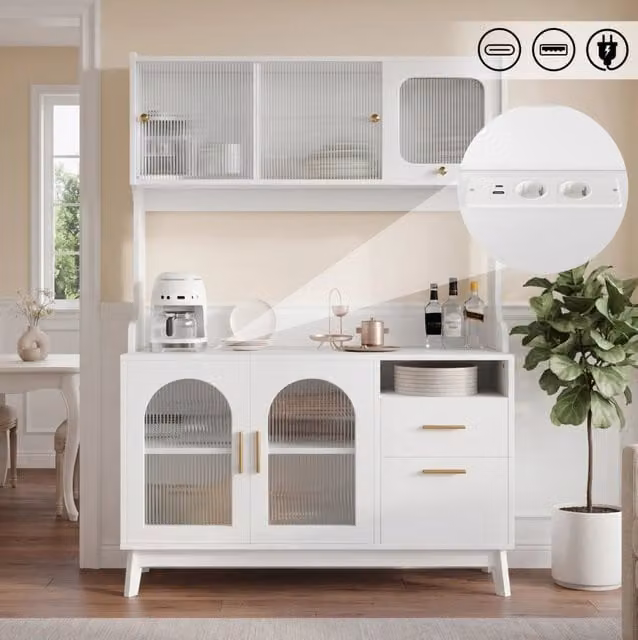 Credenza alta ULEVR 120x40x178 cm con prese integrate USB-A e USB-C, frontale in acrilico ondulato, bianca