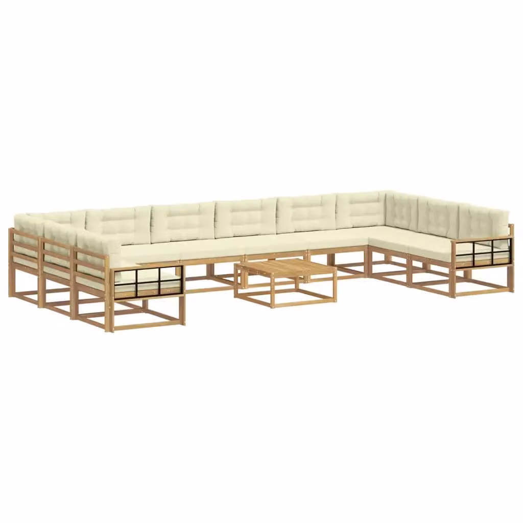 Set di divani da esterno a L vidaXL in legno di acacia con cuscini Bianco e Beige, 11 pezzi – 2
