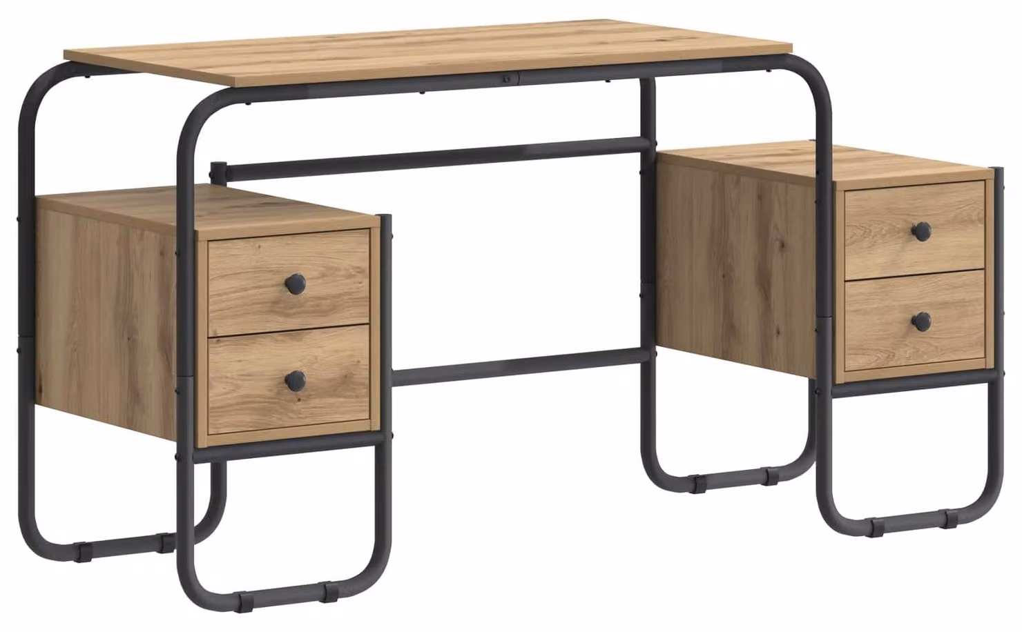 Scrivania con spazio contenitivo in legno effetto rovere artigianale, dimensioni 145 x 50 x 75 cm