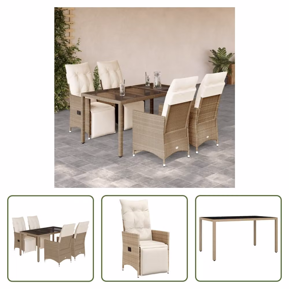 The Living Store Set da giardino bistrot 5 pezzi con cuscini Beige in poly rattan