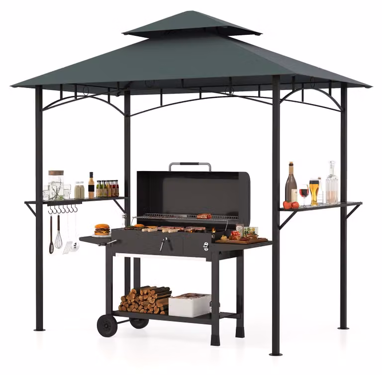 COSTWAY Gazebo per barbecue resistente alle intemperie, copertura per barbecue con doppio tetto, ripiani laterali e 7 ganci, riparo per barbecue Gazebo con telaio in metallo, 240x151x255 cm Grigio