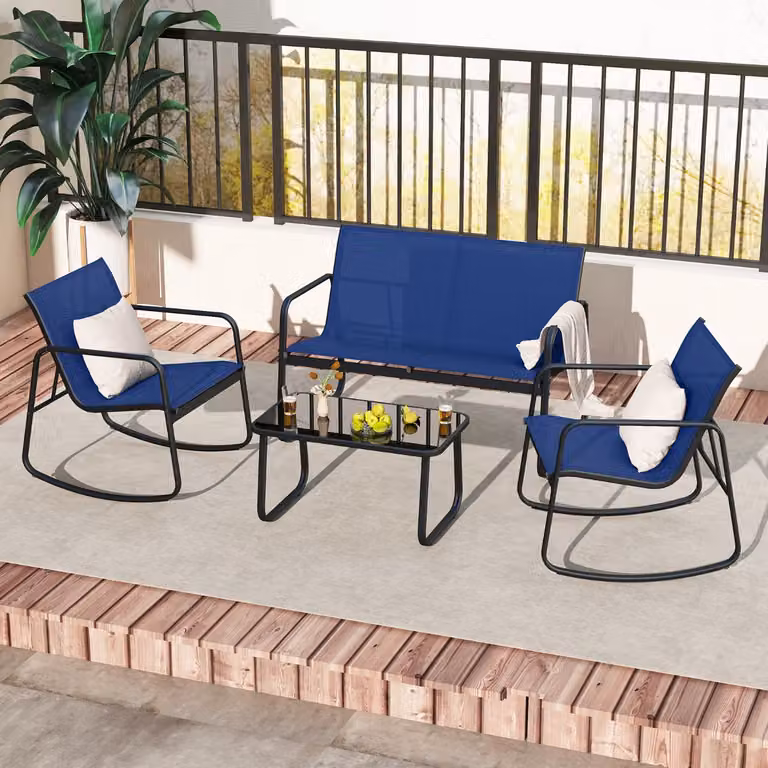 Set di mobili da giardino Costway composto da 4 pezzi per 4 persone, arredi da terrazza moderni in metallo di colore blu