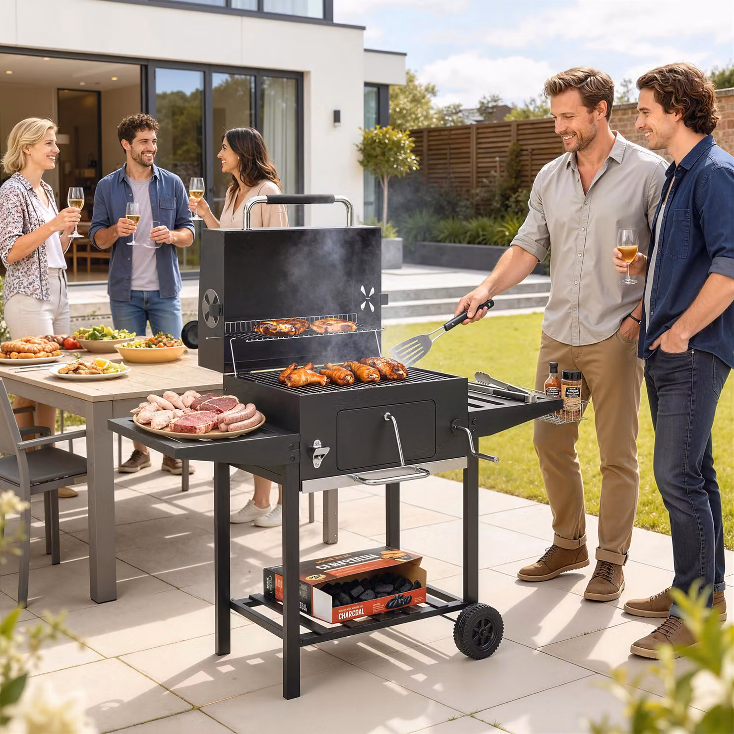 Barbecue a carbone Outsunny con rotelle, griglia regolabile e ripiani pieghevoli in acciaio e PP, Nero, L: 133,5 cm, P: 65 cm, H: 110 cm – 2