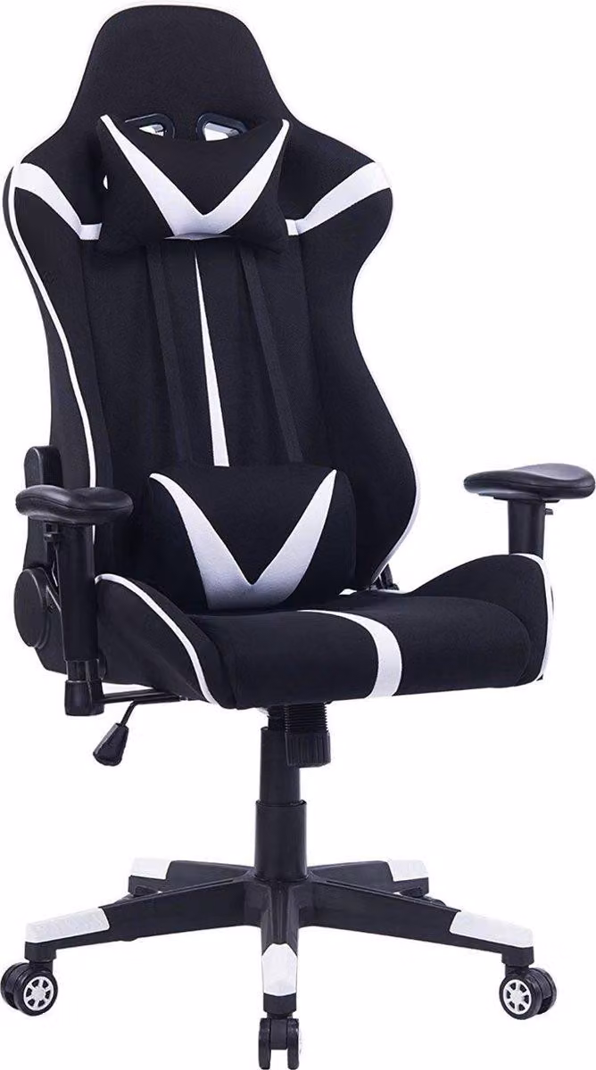 Gamestoel - Bianco/nero - Ergonomico - Regolabile - Con schienale e braccioli - Rivestimento in tessuto