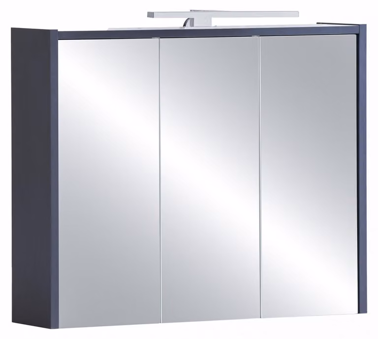 Mobile contenitore a specchio con 3 ante, 6 ripiani in vetro, illuminazione a LED, colore blu notte, dimensioni 74,5 x 16 x 62,7 cm