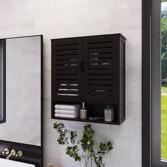 Armadio da bagno moderno SMIBUY nero con ante a battente e ripiani interni, L/P/H: 59 x 21 x 66 cm