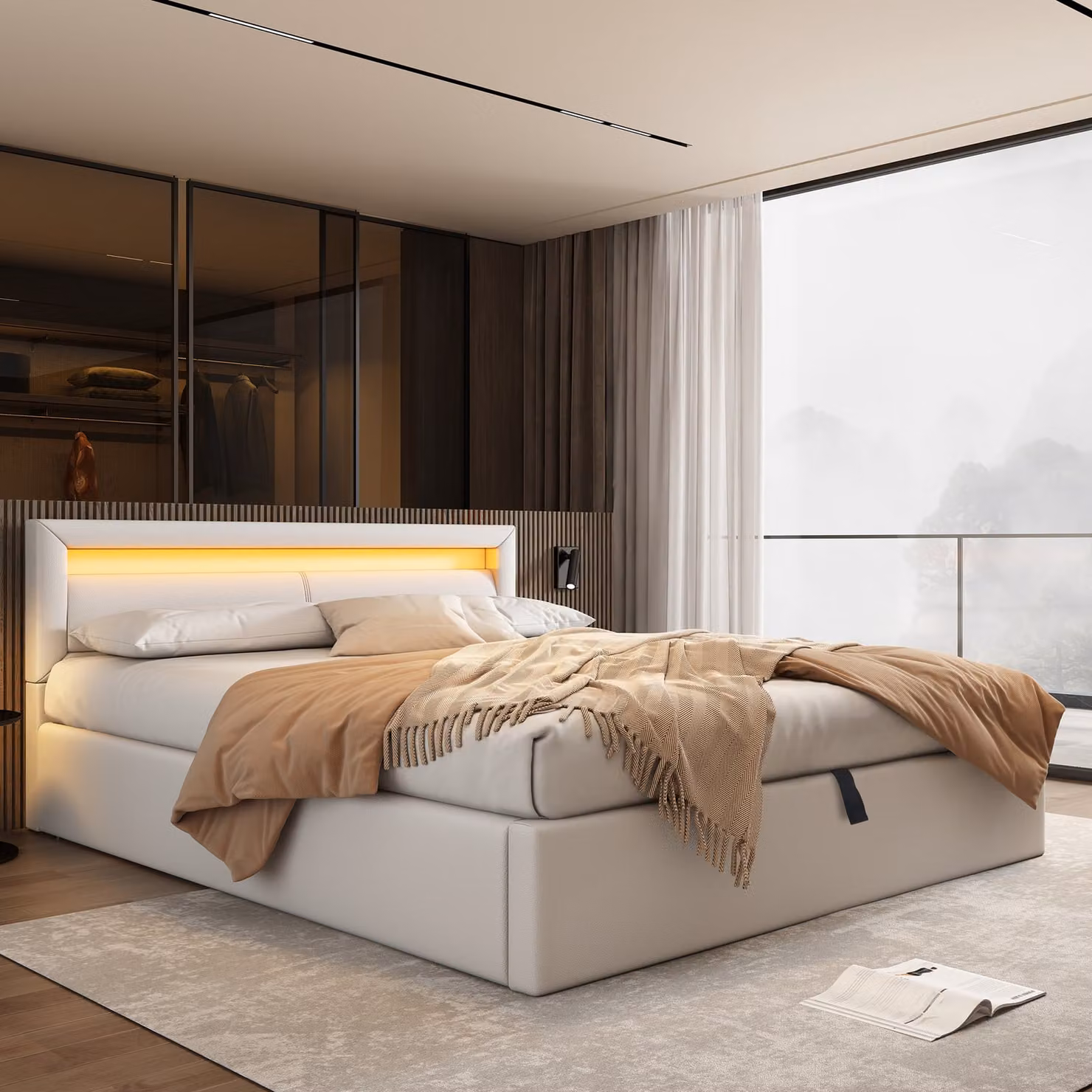 Letto imbottito MODFU letto a sacco idraulico 140x200cm con box e illuminazione LED, letto matrimoniale in pelle artificiale con griglia a doghe, (senza materasso), bianco