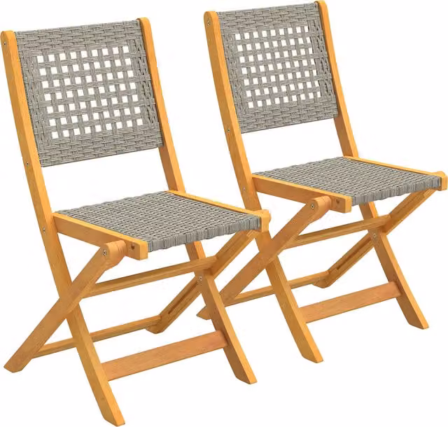 Set di 2 sedie pieghevoli da giardino Outsunny in rattan PE e legno di acacia, colore grigio, impilabili con braccioli, portata fino a 160 kg