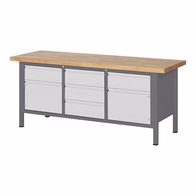 Banco da lavoro STIER Premium regolabile in altezza, 5 cassetti e 2 ante, 200x70x84-104 cm, acciaio e faggio