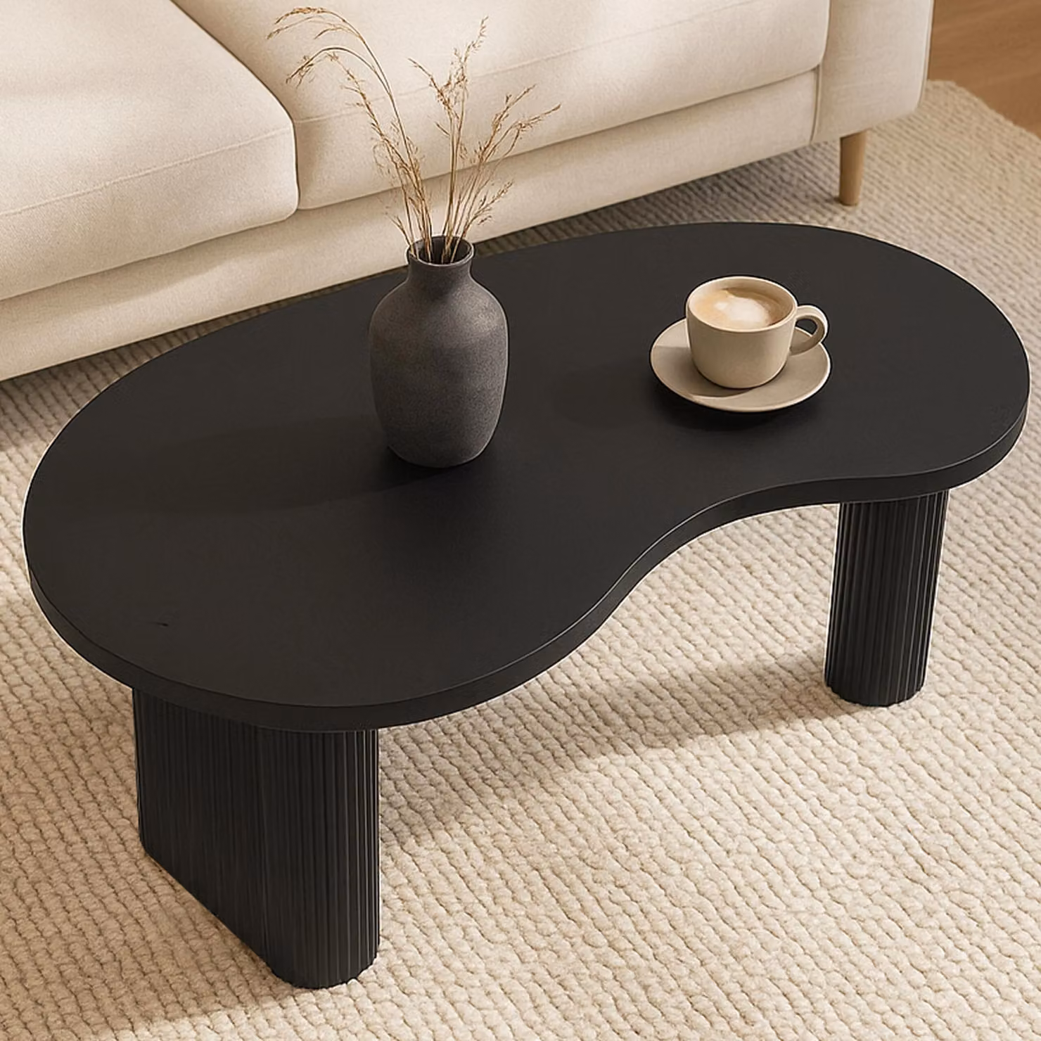 Tavolino HWC-O29, tavolino da divano, forma organica in legno melaminico, 45x110x60cm ~ aspetto legno nero