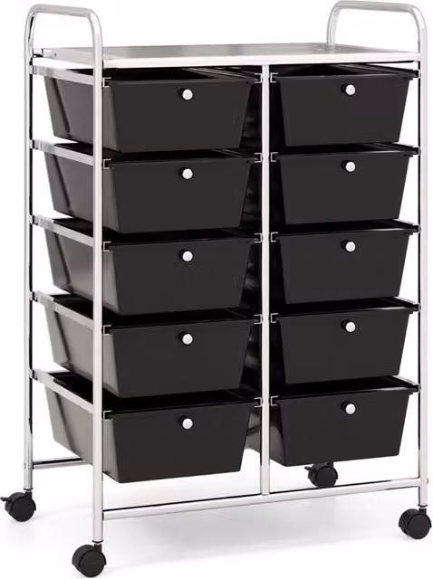 Carrello organizzatore multiuso DESIGN IN con 10 cassetti in metallo e ruote, Nero opaco – 1
