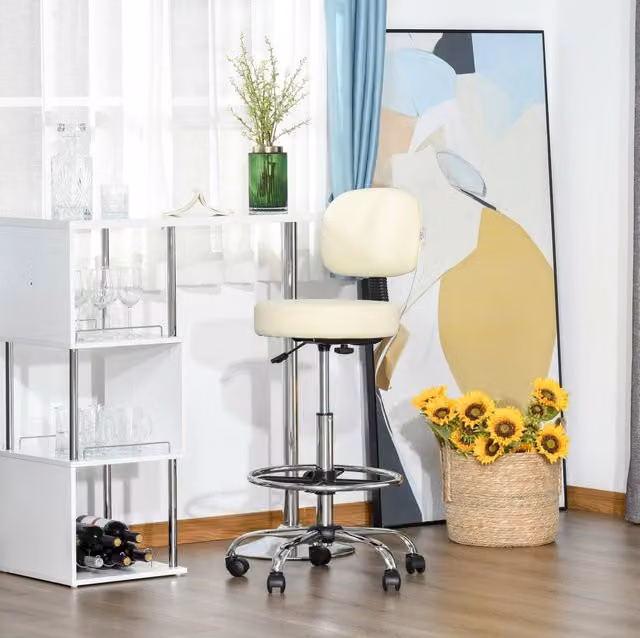 Sgabello da bar girevole con ruote 56x57x104-127 cm beige PU con schienale