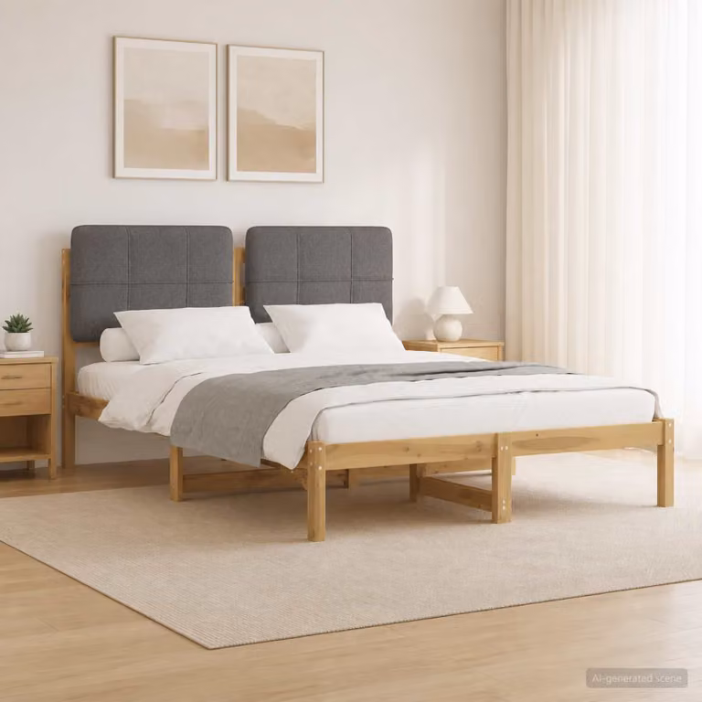 Letto con testiera rivestita vidaXL in legno di acacia e tessuto, Bianco lavato e Grigio chiaro, L/P/H: 140 x 190 x 85 cm