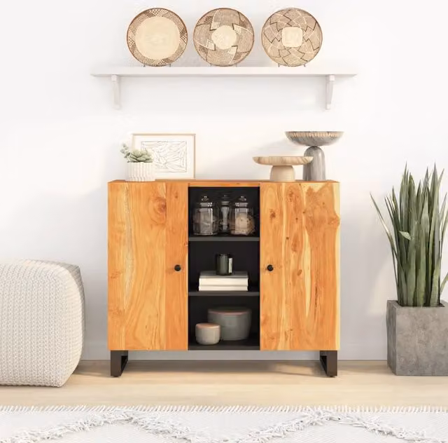 Credenza con 2 Ante-Buffet-Armadio da cucina 90x33x75 cm in Legno Massello di Acacia