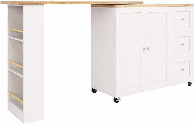 Isola da cucina estraibile girevole a 360 con 3 cassetti, 2 ante e ripiano laterale per snack, Bianco, L: 135-203 cm, P: 39 cm, H: 106 cm – 1