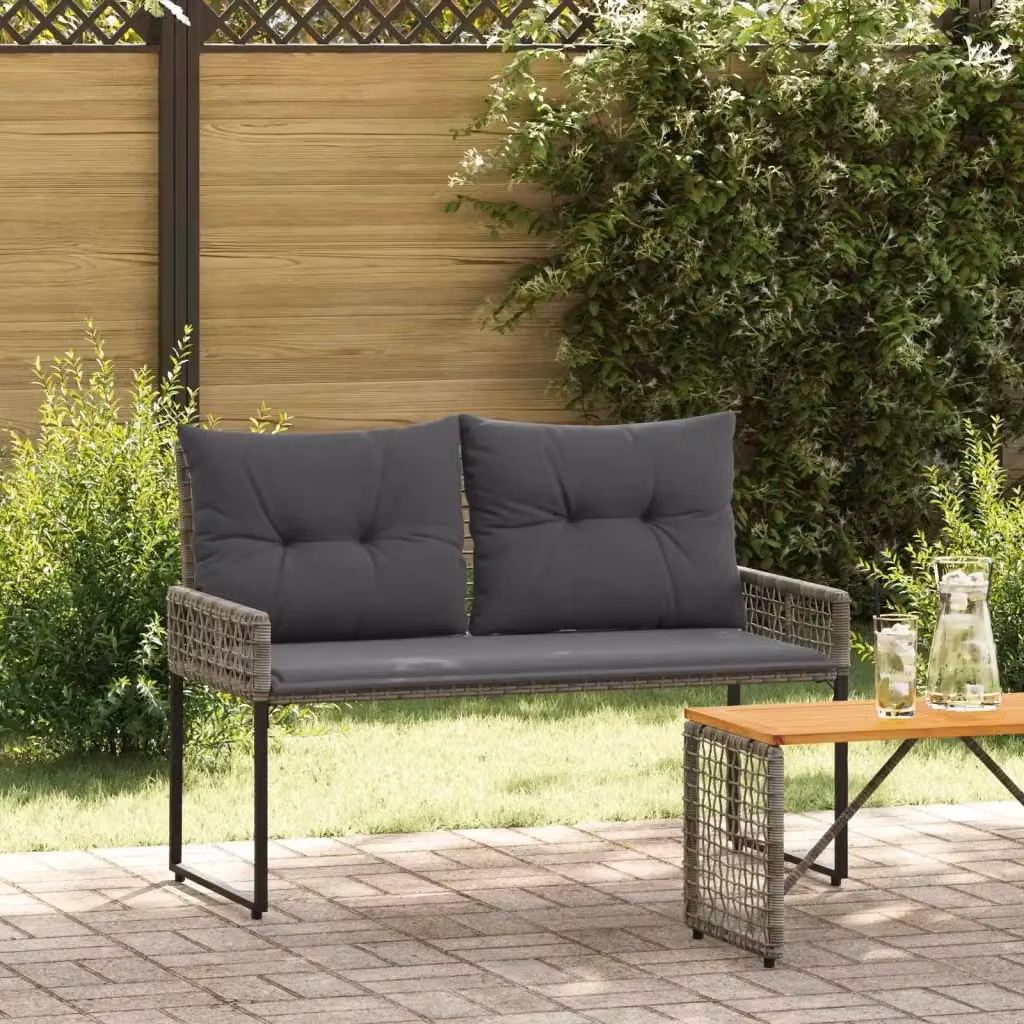 Panchina da giardino in rattan e metallo grigia con braccioli per esterno, L: 118 cm, P: 55 cm, H: 82 cm – 2