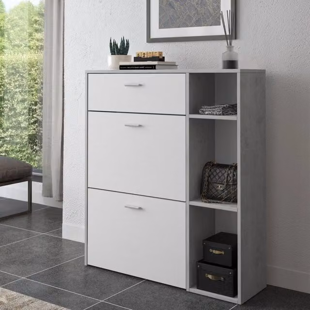 Mobile Portascarpe Samassi con Ante e Ripiani, Grigio Cemento, L: 90 cm, P: 26 cm, H: 102 cm – 1