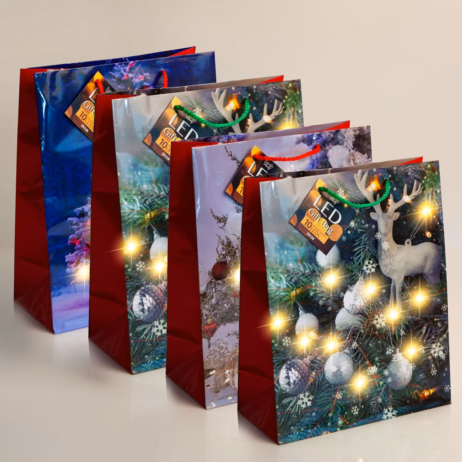GLOBIZ - Sacchetto regalo: 10 LED bianche calde, materiale: carta, dimensioni: 265 x 127 x 330 mm, 4 modelli/confezione, 12 pezzi/confezione