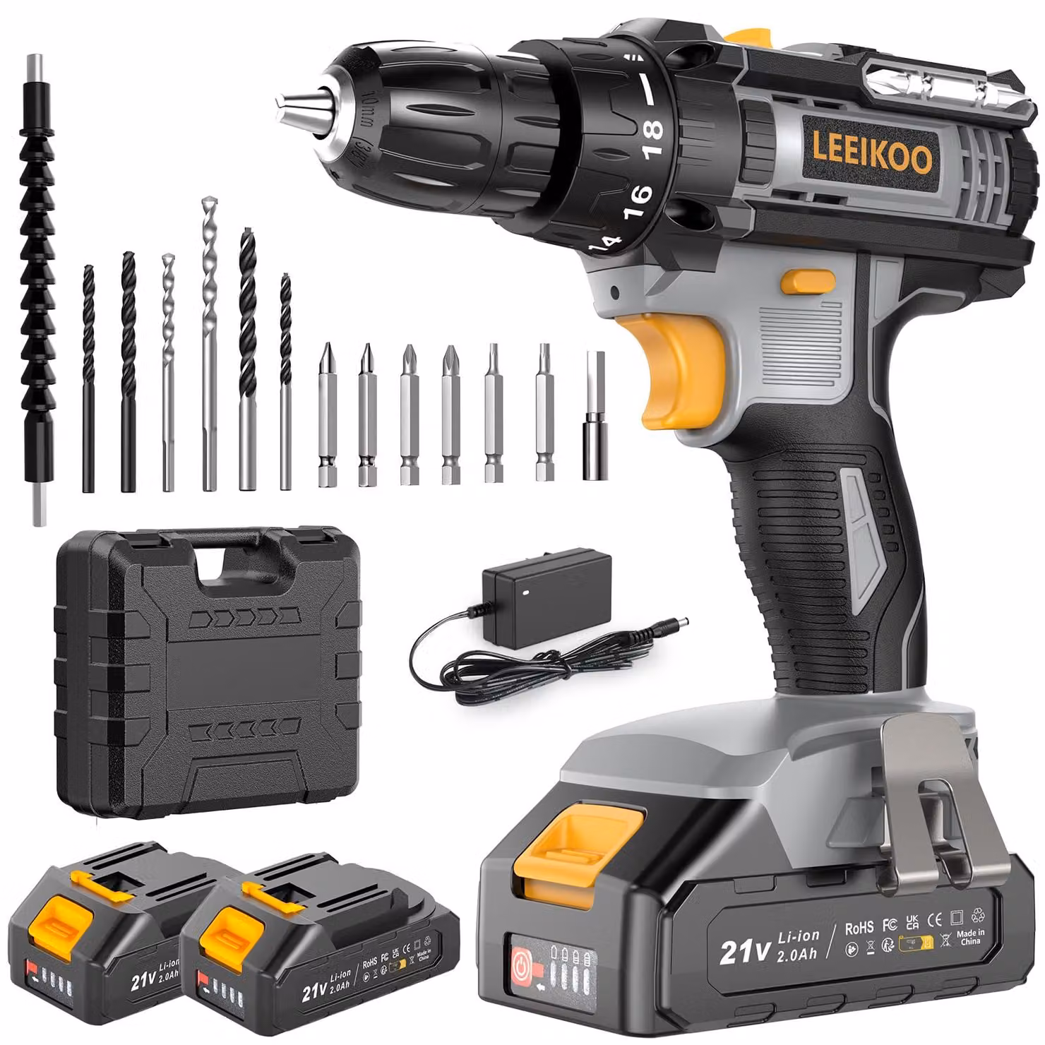 Trapano avvitatore a batteria - 21 V, con 2 batterie - Coppia di 42 Nm - Mandrino autoserrante da 10 mm