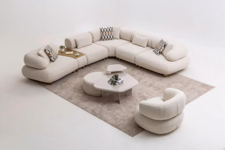 Beige Moderne Couchgarnitur Textilsofa Holz Couchtisch Hocker 5tlg