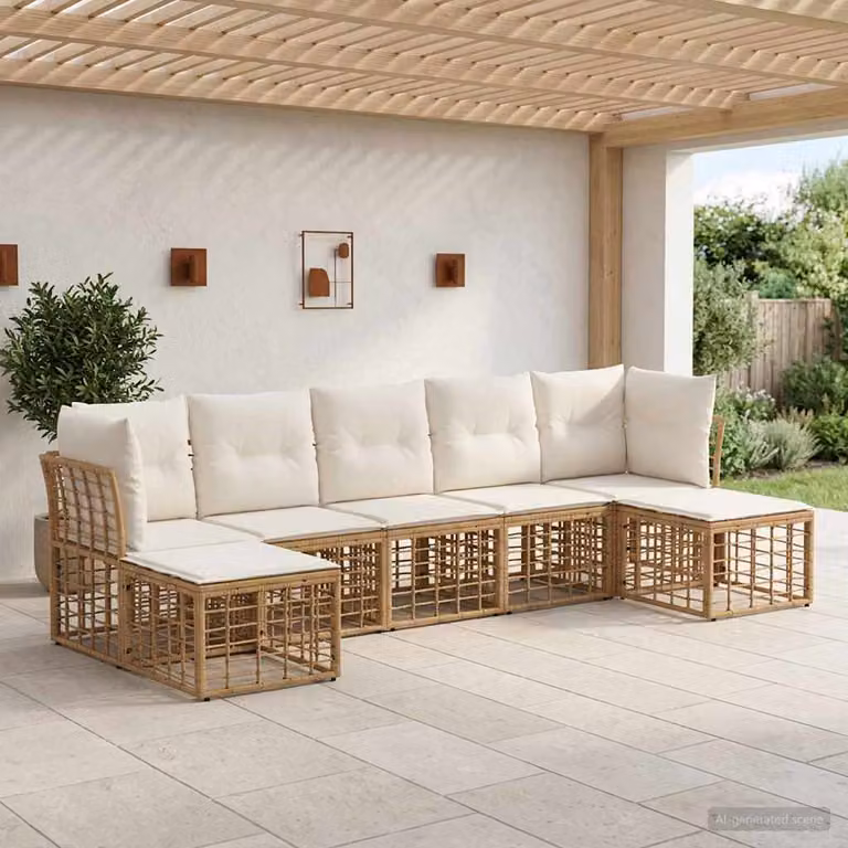 Set di divani da esterno vidaXL a forma di L con cuscini, struttura in acciaio verniciato e tessuto beige e marrone