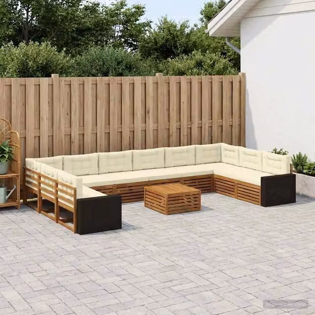 Set di divani da giardino a forma di U vidaXL in legno di acacia massello con cuscini beige e marrone, 11 pezzi – 1
