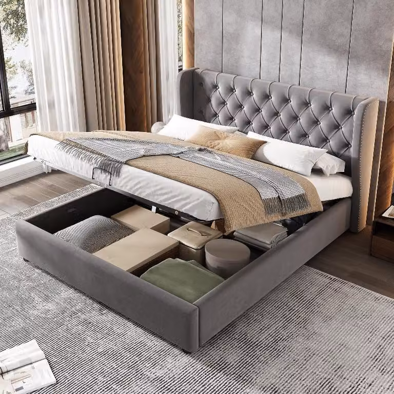 Letto imbottito 140x190 cm, grigio, con rivestimento in velluto, contenitore a sollevamento idraulico e rete a listelli, ideale per la camera da letto