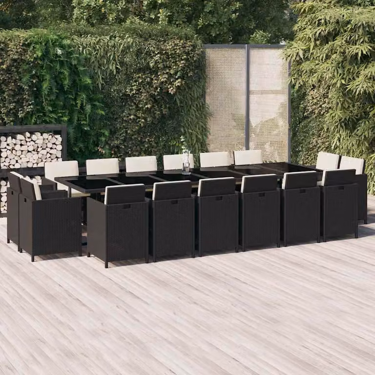 vidaXL Set da Pranzo per Giardino 17 pz in Polyrattan Nero con Cuscini e Tavolo in Vetro