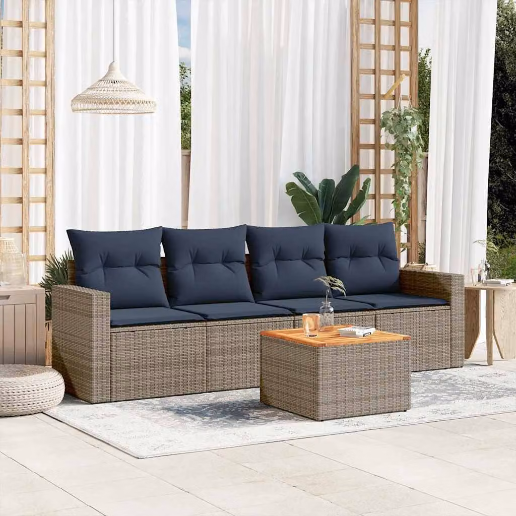 Set di divani da giardino vidaXL in polyrattan da 5 pezzi con cuscini grigi e blu per esterno – 1