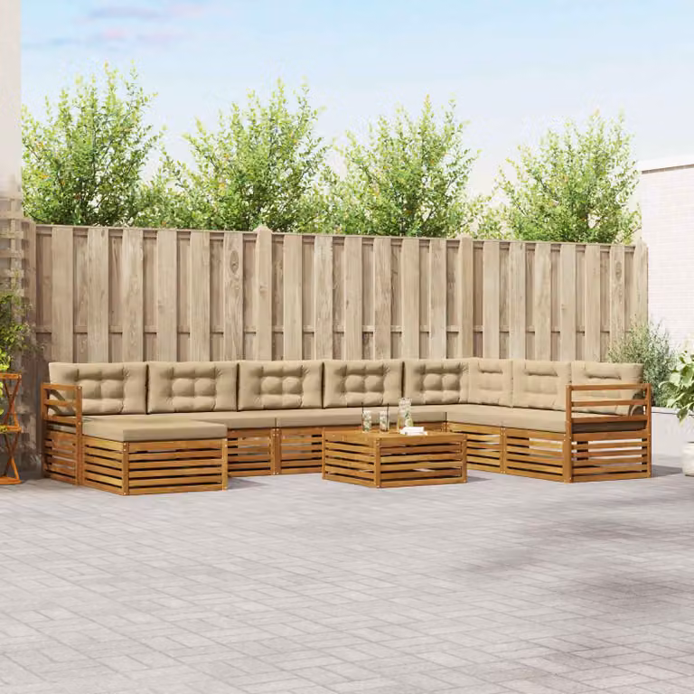 vidaXL Set di divani da esterno 9 pz in legno di acacia con cuscini, Beige e Marrone