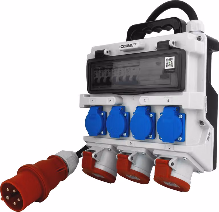 Distributore di corrente da cantiere 2x16A 32A CEE 4x230V Distributore mobile con impugnatura e cavo con spina CEE da 32A Distributore di corrente Doktorvolt DV-1437-F