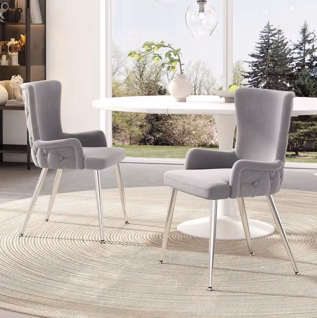 Set di 2 sedie da pranzo in velluto grigio con gambe in metallo color argento