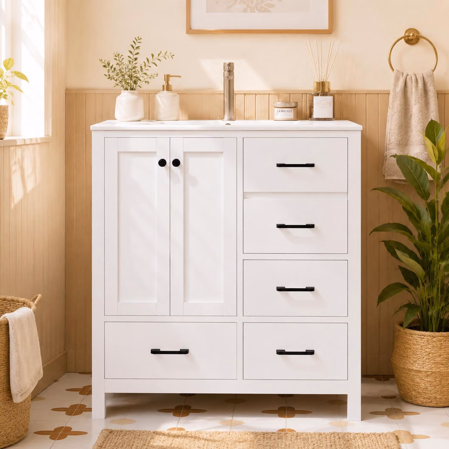 Mobile bagno autoportante, bianco, dimensioni 76x46x82 cm, realizzato in MDF al 100%, con 4 cassetti e lavabo in Vetroceramica