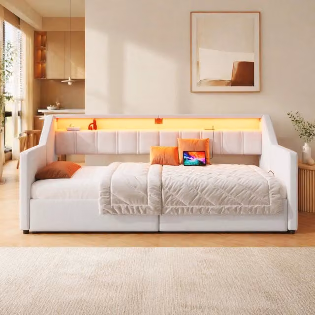 Letto daybed estraibile 90x200 cm in lino e MDF; con USB; Type-C; LED e 2 cassetti beige